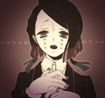 1boy asymmetrical_bangs black_jacket brown_background brown_outline brown_theme buttons colored_tips commentary_request demon_boy english_text enmu_(kimetsu_no_yaiba) facial_mark fangs green_eyes hands_on_own_chest hungry jacket kimetsu_no_yaiba licking_lips long_sleeves looking_at_viewer male_focus medium_hair multicolored_hair muted_color open_mouth outline pale_skin purple_nails solo sosoyuimo straight-on suit_jacket symbol-shaped_pupils tears_facial_mark teeth text_background tongue tongue_out trap undershirt upper_body upper_teeth_only variant_set vignetting