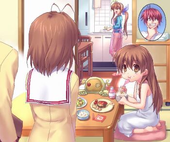 Rule 34 | 00s, 2boys, 3girls, antenna hair, barefoot, brown eyes, brown hair, clannad, eating, furukawa akio, furukawa nagisa, furukawa sanae, garbage doll, girl from the illusionary world, long hair, multiple boys, multiple girls, oekaki, okazaki tomoya, pillow, ribbon, school uniform, seiza, short hair, sitting, table, time paradox, zen
