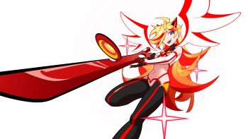 1girl absurdres ahoge blonde_hair blue_eyes breasts company_connection cosplay detached_wings fangs hair_over_one_eye highres kill_la_kill long_hair matoi_ryuuko matoi_ryuuko_(cosplay) medium_breasts navel open_mouth panty_&amp;_stocking_with_garterbelt panty_(psg) revealing_clothes scissor_blade_(kill_la_kill) simple_background smile solo sparkle tlotro very_long_hair white_background wings