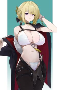 1girl absurdres black_choker black_jacket black_pants blonde_hair bra bracelet chest_harness choker closed_mouth dokshuri evelyn_chevalier green_background hair_up hand_up harness highres jacket jewelry navel open_clothes open_shirt panties pants pillarboxed purple_eyes ring_hair_ornament solo stomach thigh_gap tight_clothes tight_pants underwear white_bra white_panties zenless_zone_zero