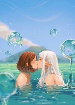 2girls alt_text asimov_(spindle_(aidenr0)) blue_sky blurry blurry_background blush brown_hair bubble closed_eyes commentary day english_commentary from_side highres kiss long_hair medium_hair multiple_girls nude original ottilie_(spindle_(aidenr0)) outdoors partially_submerged pointy_ears profile sky spindle_(aidenr0) upper_body volcano water wet wet_hair white_hair yuri