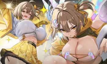1girl ahoge anis_(nikke) anis_(star)_(t.t._star)_(nikke) bare_shoulders blush breasts brown_eyes brown_hair cleavage commentary_request goddess_of_victory:_nikke hair_between_eyes hair_ornament hair_ribbon headset highres jacket large_breasts looking_at_viewer medium_hair midriff multiple_views navel necktie official_alternate_costume one_eye_closed one_side_up open_clothes open_jacket ribbon shirt skirt sparkle standing star_(symbol) star_hair_ornament teddypocky white_shirt yellow_necktie yellow_skirt