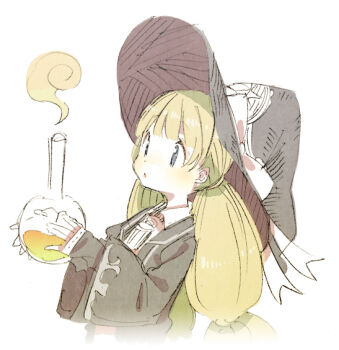 Rule 34 | 1girl, abara heiki, bad id, black hat, black robe, blonde hair, blue eyes, blunt bangs, bow, chestnut mouth, commentary request, cropped torso, dot nose, flask, from side, hands up, hat, hat bow, hat ribbon, hatching (texture), holding, holding flask, holding potion, layered sleeves, linear hatching, long hair, long sleeves, looking at object, low twintails, multi-tied hair, open clothes, open robe, original, parted lips, potion, ribbon, robe, round-bottom flask, simple background, sleeves past wrists, smoke, solo, tareme, twintails, upper body, white background, white bow, white ribbon, wide sleeves, wing collar, witch, witch hat, woven hatching