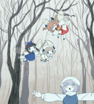 Rule 34 | 4girls, ^ ^, blush stickers, chibi, closed eyes, flying, forest, highres, letty whiterock, luna child, multiple girls, nature, smile, star sapphire, sunny milk, t-pose, touhou, warokeru, wings, winter