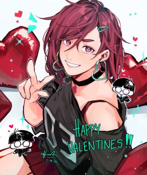 Rule 34 | 1boy, 1girl, ayase momo, bare shoulders, black choker, black hair, black shirt, blush, bra strap, brown eyes, brown hair, brown skirt, chibi, chibi inset, choker, commentary, cowboy shot, dandadan, dated, english commentary, glasses, hair behind ear, hair between eyes, hair ornament, hairclip, hanmdin, happy valentine, heart, heart-shaped eyewear, highres, looking at viewer, off-shoulder shirt, off shoulder, parted lips, pleated skirt, round eyewear, shirt, short hair, signature, skirt, smile, sparkle, takakura ken (dandadan), valentine, w