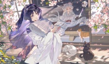 1boy 1girl animal_ears artist_request black_cat black_hair blunt_bangs blunt_ends cat cat_ears cat_girl cat_tail cherry_blossoms closed_mouth clothing_cutout commission commissioner_insert couple eyeliner eyeshadow falling_petals floral_print_veil futon genshin_impact hair_rings hair_spread_out hayami_momo_(hayamimomo) hetero holding holding_scroll japanese_clothes kariginu kimono layered_kimono layered_sleeves long_hair long_sleeves makeup multiple_tails obi oc_x_canon off_shoulder orange_cat original pants parted_bangs parted_lips petals pink_petals purple_eyes purple_sleeves purple_veil red_eyeliner red_eyeshadow sash scaramouche_(genshin_impact) scaramouche_(kabukimono)_(genshin_impact) scroll second-party_source shoulder_cutout sitting sliding_doors tail tsurime two_tails veil veranda very_long_hair white_cat white_hair white_kimono white_mouth white_pants white_sash white_sleeves wide_sleeves wispy_bangs yellow_eyes yokozuwari