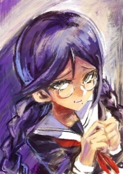 Rule 34 | 1girl, braid, commentary request, danganronpa: trigger happy havoc, danganronpa (series), eyelashes, fukawa toko, glasses, long hair, long sleeves, mole, mole under mouth, neckerchief, painterly, purple hair, purple shirt, red neckerchief, round eyewear, sailor collar, shirt, solo, tsunemi aosa, twin braids, twintails, white sailor collar