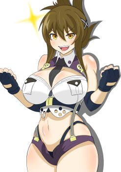 1girl absurdres bare_shoulders between_breasts black_gloves black_necktie black_panties breast_pocket breasts brown_eyes brown_hair cleavage_cutout clothing_cutout cowboy_shot crop_top elbow_pads fang fingerless_gloves folded_ponytail gloves hair_between_eyes hair_ornament highres kisaragi_chitose large_breasts long_hair looking_at_viewer micro_shorts midriff navel necktie necktie_between_breasts open_clothes open_mouth open_shorts panties pocket purple_shorts shadow shiny_skin shorts sidelocks simple_background solo sparkle square-w standing super_robot_wars super_robot_wars_v suspenders teeth underwear upper_teeth_only white_background wing_collar x_hair_ornament