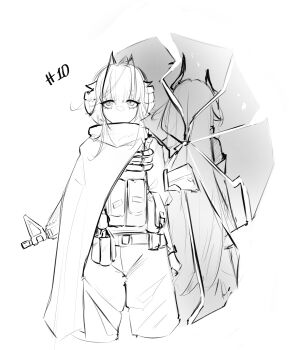 2girls absurdres ahoge antennae arknights assault_rifle broken_glass cape cowboy_shot cropped_legs demon_girl demon_horns glass greyscale gun highres horns ines_(arknights) looking_at_viewer miko_yu&#039;rei monochrome multiple_girls pants rifle short_hair tactical_clothes w_(arknights) w_(mercenary)_(arknights) weapon weapon_on_back