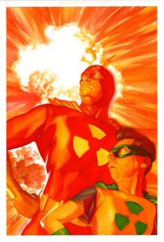 2boys alex_ross belt cape explosion fallout_boy gloves green_cape highres mask multiple_boys radioactive_man size_difference superhero_costume the_simpsons yellow_belt yellow_gloves