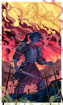 Rule 34 | 2boys, arm wrap, armor, arrow (projectile), arrow in body, artist name, battlefield, belt, black eyes, black hair, blood, blood on armor, blood on face, bloody weapon, border, brown pants, chinese armor, chinese clothes, colored smoke, commentary, english commentary, fire, flower, hair flower, hair ornament, hanfu, heaven, heterochromia, high ponytail, highres, holding, holding flower, holding sword, holding weapon, horrified, hua cheng, hua cheng (wuming), huadian, long hair, long sleeves, male focus, multiple boys, open mouth, outside border, pants, parted bangs, planted, planted arrow, planted sword, planted weapon, ponytail, red eyes, red hanfu, red tunic, smoke, standing, sword, tianguan cifu, torn clothes, tunic, verbartt, very long hair, weapon, white belt, white border, xie lian, xie lian (flower crowned martial god)