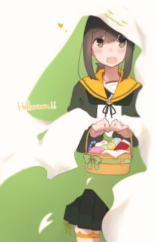 Rule 34 | 1girl, absurdres, adapted costume, basket, black cardigan, black hair, black skirt, blush, candy, cardigan, commentary, food, fubuki (kancolle), ghost costume, green eyes, halloween, halloween costume, heart, highres, holding, holding basket, jewelry, kantai collection, long sleeves, looking at viewer, ma rukan, open cardigan, open clothes, open mouth, orange sailor collar, pleated skirt, ring, sailor collar, sheet ghost, short hair, signature, skirt, smile, solo, untranslatable commentary, wedding ring