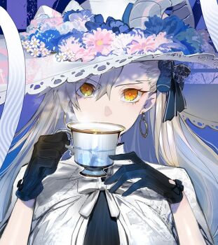 1girl black_gloves cup dress earrings fate/grand_order fate_(series) flower gloves hair_between_eyes hat hat_flower holding holding_cup jewelry long_hair looking_at_viewer olga_marie_animusphere orange_eyes solo suzuhi_(fullprayer) u-olga_marie u-olga_marie_(first_ascension) white_dress white_hair white_hat