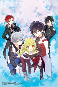 Rule 34 | 1girl, 4boys, :o, absurdres, black boots, black hair, black jacket, black pants, blonde hair, blue eyes, boots, brown pants, chano hinano, closed mouth, collared shirt, commentary request, copyright request, dress shirt, fold-over boots, grey boots, grey eyes, grey hair, grey shirt, hair between eyes, hand on another's head, highres, jacket, lace-up boots, long hair, multiple boys, official art, open clothes, open jacket, open mouth, orange eyes, pants, red eyes, red hair, shirt, smile, white shirt