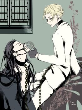 2boys artist_name bdsm bindi black_gloves black_hair blonde_hair blue_eyes chain closed_mouth collar earrings eyebrows final_fantasy final_fantasy_vii fingerless_gloves floral_print formal_clothes gloves jewelry long_hair looking_at_another looking_down looking_up male_focus multiple_boys muzzle ponco_pacoooon profile rufus_shinra short_hair sitting square_enix suit tseng turks_(ff7) turtleneck unbuttoned unbuttoned_shirt white_suit window yaoi