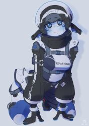 1girl absurdres blue_eyes breasts collar colored_skin facial_tattoo hands_on_floor highres humanoid_robot id_card jewelry kneeling long_sleeves looking_at_viewer medium_breasts original puffy_long_sleeves puffy_sleeves ring robot robot_girl smile strap tattoo vertical-striped_sleeves white_skin yahazu_tama