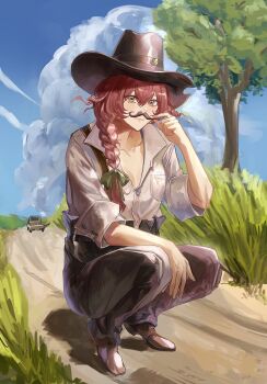 1girl bette_(reverse:1999) black_hat black_pants blue_sky braid brown_footwear car cloud collared_shirt fake_facial_hair fake_mustache fedora full_body grass hair_over_shoulder hand_on_own_knee hand_up hat highres holding_mustache long_hair looking_at_viewer motor_vehicle nun2o outdoors pants path reverse:1999 road shirt single_braid sky solo squatting suspenders suspenders_slip tree white_shirt yellow_eyes