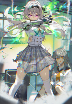 2girls alternate_costume black_hairband closed_mouth commentary_request firefly_(honkai:_star_rail) firefly_(spring_missive)_(honkai:_star_rail) floating_hair grey_hair hairband henshin honkai:_star_rail honkai_(series) looking_at_another looking_at_viewer multiple_girls official_alternate_costume open_mouth sailor_collar school_uniform scottie_(phantom2) shirt sitting standing stelle_(honkai:_star_rail) thighhighs torn_clothes trailblazer_(honkai:_star_rail) white_shirt white_thighhighs zettai_ryouiki