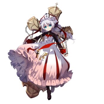 1girl benghuai_xueyuan blue_eyes boots brown_boots chain closed_mouth full_body holding holding_chain honkai_(series) long_hair nun oath_of_judah official_art rosary smile solo theresa_apocalypse theresa_apocalypse_(benghuai_xueyuan) white_hair
