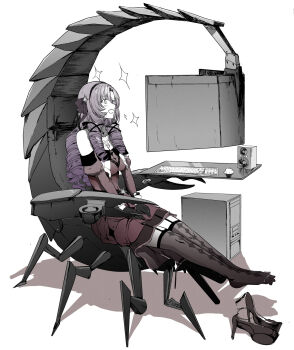 1girl argyle_clothes argyle_thighhighs black_gloves chair commentary_request computer computer_keyboard computer_mouse computer_tower cup_holder desk diamond_print dress drill_hair gaming_chair garter_straps gloves hair_ribbon hairband hands_on_lap highres hyakumantenbara_salome hyakumantenbara_salome_(1st_costume) long_hair looking_at_screen monitor multiple_monitors muted_color nijisanji outstretched_legs purple_hair red_dress ribbon scorpion scorpion_tattoo shoes simple_background sitting smile solo sparkle speaker strapless strapless_dress strappy_heels swivel_chair syatey tattoo thighhighs unworn_shoes virtual_youtuber white_background