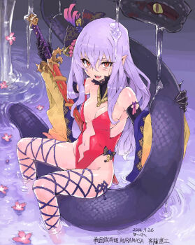 Rule 34 | 1girl, elbow gloves, fangs, female focus, gloves, highres, leotard, purple hair, red eyes, saitou dousan (sengoku bushouki muramasa), sengoku bushouki muramasa, slime (substance), slit pupils, snake, solo, sword, weapon, whoosaku