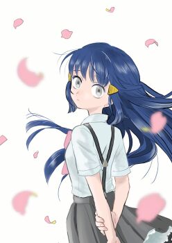 1girl alternate_costume black_skirt blue_hair bow bowtie collared_shirt dawn_(pokemon) falling_petals grey_eyes hair_ornament hairclip highres int168 long_hair looking_at_viewer looking_back nintendo petals pink_bow pink_bowtie pokemon pokemon_dppt shirt short_sleeves simple_background skirt solo standing suspender_skirt suspenders upper_body white_background white_shirt