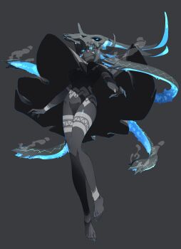 1girl absurdres animal_skull barefoot blue_eyes blue_hair breasts check_commentary cloak colored_skin commentary commentary_request cow_skull facial_mark feet fingernails floating floating_hair foreshortening full_body glowing glowing_eyes glowing_hair grey_background grey_nails grey_skin hair_between_eyes highres linea_alba long_fingernails long_hair long_toenails looking_at_viewer looking_down medium_breasts multicolored_hair naked_cloak navel original poncho prehensile_hair pattern_request sharp_toenails shiny_skin skull skull-shaped_hat smoke solo teeth toenails two-tone_hair upper_teeth_only very_long_toenails wen_(yamunashi_(soregoshi)) yamunashi_(soregoshi)