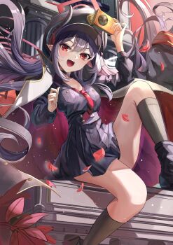 1girl :d black_boots black_choker black_coat black_hair black_hat black_horns black_shirt black_skirt black_socks blue_archive blush boots breast_pocket breasts camera chiaki_(blue_archive) choker cleavage coat coat_on_shoulders demon_girl demon_horns eyelashes falling_leaves floating_hair foot_out_of_frame hair_between_eyes halo hands_up happy hashtag-only_commentary hat high-waist_skirt highres holding holding_camera horns knee_up kneehighs leaf long_hair long_sleeves looking_at_viewer necktie open_mouth outdoors peaked_cap pleated_skirt pocket pointy_ears red_eyes red_halo red_necktie school_uniform shirt sidelocks sitting skirt smile socks solo suidou_chaahan teeth thighs upper_teeth_only v-shaped_eyebrows very_long_hair