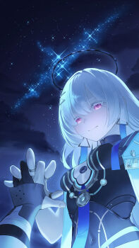 Rule 34 | 2girls, absurdres, breasts, closed mouth, colored eyelashes, commentary, covered navel, dress, female rover (wuthering waves), grey hair, hair ornament, halo, highres, id card, ino (kzhu5545), interlocked fingers, jacket, long hair, looking at viewer, mornye (wuthering waves), multiple girls, night, outdoors, pov, pov hands, purple dress, red eyes, rover (wuthering waves), sky, small breasts, solo focus, star (sky), starry sky, white jacket, wuthering waves