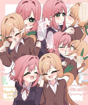 2girls :d ^_^ black_jacket blush brown_jacket closed_eyes commentary ear_licking flower green_eyes green_ribbon hair_flower hair_intakes hair_ornament hair_ribbon hanazono_hakari happy highres holding_another&#039;s_wrist holding_hands inda_karane interlocked_fingers jacket kimi_no_koto_ga_dai_dai_dai_dai_daisuki_na_100-nin_no_kanojo kiss licking like_and_retweet long_hair long_sleeves medium_hair multiple_girls multiple_views neck_ribbon ohananomitsu_high_school_uniform open_mouth orange_hair pikyu pink_hair red_ribbon ribbon school_uniform shirt smile speech_bubble sweat tongue tongue_out translation_request twintails white_shirt wing_collar yellow_eyes yuri