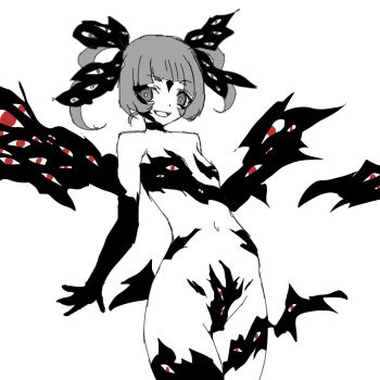 1girl corruption digimon digimon_(creature) digimon_beatbreak loli looking_at_viewer red_eyes shademon shademon_(nene_ver.) smile yamada_haruko