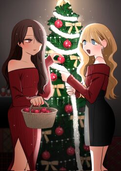 2girls bare_shoulders basket black_skirt blonde_hair blue_eyes blush brown_hair christmas christmas_tree closed_mouth commentary_request decorating_christmas_tree dress ear_blush earrings gyaru_to_gyaru_no_yuri hair_over_one_eye highres holding holding_basket inoue_koharu jewelry long_hair looking_at_another multiple_girls off-shoulder_dress off-shoulder_shirt off_shoulder open_mouth red_dress red_eyes red_sweater shirt skirt smile sparkle stud_earrings sweater sweater_dress taooka_yua watase_reina