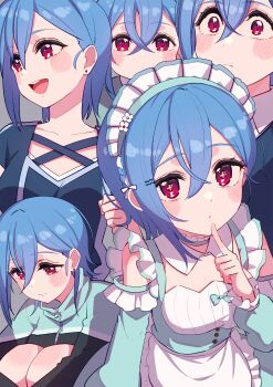 1girl absurdres blue_hair blush collarbone commentary cream_(nipakupa) earrings grey_background highres jewelry looking_at_viewer love_live! love_live!_superstar!! maid_headdress multiple_views red_eyes short_hair upper_body wakana_shiki