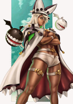 artist_name beige_shorts black_headwear blonde_hair breasts brown_eyes cape crossed_arms dandon_fuga dark-skinned_female dark_skin guilty_gear guilty_gear_xrd hat highres legband looking_at_viewer micro_shorts navel ramlethal_valentine shorts standing waistband white_cape white_headwear wristband