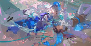 1boy 1girl absurdres aqua_ribbon arm_up ascot beads bird black_bird black_hair blue_bonnet blue_dress blue_eyes blue_flower blue_gloves blue_rose blue_sash blue_shoes bonnet brown_vest bug butterfly character_request chinese_commentary closed_mouth commentary_request commission copyright_request dress flower frilled_sleeves frills gloves grey_hair high_heels highres insect jewelry long_hair long_sleeves lying necklace on_back pants paper pink_flower pink_rose purple_eyes ribbon rose sash shirt shoes short_hair smile very_long_hair vest waist_sash watermark white_ascot white_pants white_shirt xixun