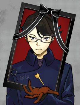 Rule 34 | 1boy, absurdres, black hair, blue jacket, brown eyes, brown gloves, buttons, double-breasted, glasses, gloves, grey eyes, hashigami sarai, highres, iei, jacket, looking at viewer, male focus, occultic;nine, purple shirt, science adventure, shirt, short hair, solo, supernova 11451, upper body