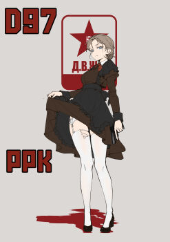 1girl absurdres apron black_apron blonde_hair blue_eyes commentary english_commentary erika_(sebastian_z) garter_straps gun handgun highres necktie original red_necktie red_star school_uniform sebastian_z short_hair soviet soviet_school_uniform star_(symbol) thighhighs walther walther_ppk weapon white_thighhighs