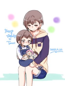 2girls aged_down bang_dream! bang_dream!_it&#039;s_mygo!!!!! blue_overalls blue_shorts blush brown_eyes brown_hoodie chihaya_anon closed_mouth commentary_request dated dual_persona grey_hair happy_birthday highres hood hood_down hoodie kaname_raana multiple_girls mygo!!!!!_(bang_dream!) nagasaki_soyo on_lap overalls satoshi_(peso727) shiina_taki shirt short_hair shorts sitting takamatsu_tomori time_paradox white_shirt