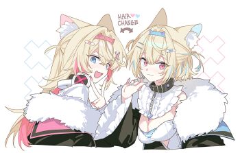 2girls animal_ears blonde_hair blue_eyes breasts dog_ears dog_girl fuwawa_abyssgard hololive hololive_english large_breasts long_hair looking_at_viewer medium_hair mococo_abyssgard multiple_girls pink_eyes siblings stemiomio twins v virtual_youtuber white_background