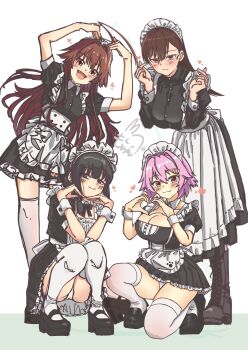 4girls :3 absurdres ahoge alternate_costume apron black_boots black_dress black_hair blush boots braid breasts brown_eyes brown_hair cleavage commentary_request detached_collar dress enmaided finger_heart flat_chest frills full_body hands_on_own_head heart heart_hands highres huge_ahoge kantai_collection kitakami_(kancolle) kuma_(kancolle) lace-up_boots large_breasts long_hair looking_at_viewer maid maid_apron maid_headdress medium_breasts motizou multiple_girls ooi_(kancolle) panties pantyshot pink_hair platform_shoes pleated_dress red_eyes short_hair short_sleeves simple_background single_braid smile squatting tama_(kancolle) thighhighs underwear white_apron white_background white_dress white_panties white_thighhighs