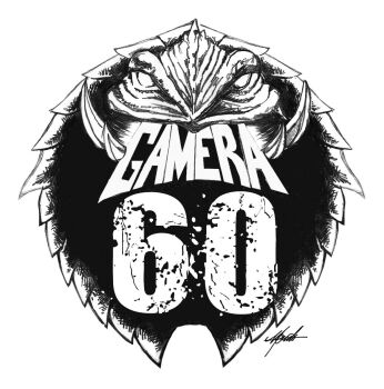 anniversary artist_name character_name copyright_name english_text gamera gamera_(series) highres kadokawa kaiju looking_at_viewer monochrome nightwolf_studios no_humans sharp_teeth simple_background teeth turtle turtle_shell tusks white_background