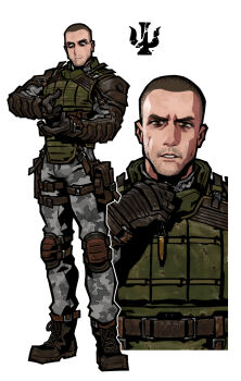 Rule 34 | 1boy, beard stubble, black boots, black gloves, boots, brown eyes, brown hair, bulletproof vest, buzz cut, camouflage, closed mouth, commentary request, facial hair, fukurau, full body, gloves, grey pants, grey shirt, highres, knee pads, looking at viewer, male focus, multiple views, pants, shell casing, shirt, short hair, shoulder pads, simple background, snow camouflage, stalker (game), stalker 2: heart of chornobyl, standing, strider (stalker), stubble, very short hair, white background, white eyes