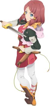 Rule 34 | 1girl, artist request, bandana, black jacket, blue eyes, breasts, brown pants, closed mouth, dagger, dress, from behind, from side, full body, game cg, hair ornament, highres, holding, holding dagger, holding knife, holding weapon, jacket, knife, looking at viewer, official art, pants, pink hood, red dress, red hair, rose (tales), short hair, smile, solo, tales of (series), tales of asteria, tales of zestiria, third-party source, transparent background, weapon, white pants, yellow bandana