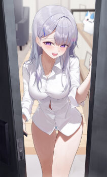 Rule 34 | 1girl, :d, absurdres, ayatsuno yuni, breasts, collared shirt, doorway, grey hair, hair ornament, highres, light blush, long hair, medium breasts, open mouth, panties, panty peek, purple eyes, seehyun1031, shirt, smile, solo, stellive, underwear, virtual youtuber, white panties, white shirt, x hair ornament