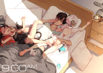 1boy 2girls age_difference alarm_clock angel angel_and_devil ass ass_grab backless_dress backless_outfit bare_arms bare_legs bare_shoulders barefoot bed black_dress black_hair black_panties blvefo9 bottle bottomless chest_of_drawers clock collarbone commentary curled_horns demon_girl demon_horns demon_tail dress empty_bottle energy_drink feet finger_in_another&#039;s_mouth fingering flat_chest grey_pants highres horns indoors loli lying multicolored_hair multiple_girls on_back on_bed original outstretched_arm panties unworn_panties pants pillow puffy_short_sleeves puffy_sleeves pussy red_hair shirt short_hair short_sleeves sleeping sleeping_on_person sleeveless sleeveless_dress soles tail tail_under_clothes toe_in_another&#039;s_mouth toes two-tone_hair under_covers underwear white_dress white_hair white_panties white_shirt