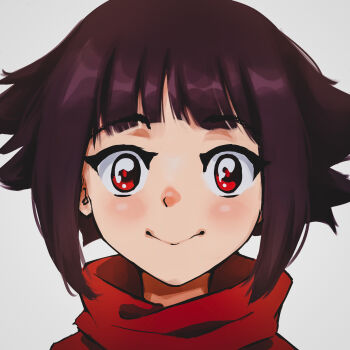 Rule 34 | 1girl, closed mouth, commentary, english commentary, happy, highres, kono subarashii sekai ni shukufuku wo!, looking at viewer, megumin, portrait, purple hair, red eyes, red scarf, scarf, short hair, simple background, smile, solo, straight-on, titanartx, white background, wide-eyed