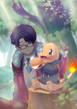 1boy black_hair black_hoodie blue_necktie burger charmander claws closed_mouth clothed_pokemon coat commentary_request drawstring fire flame-tipped_tail food gen_1_pokemon glasses grey_sweater_vest highres holding holding_burger holding_food hood hood_down hoodie long_sleeves male_focus mole mole_under_mouth naketarou necktie nintendo on_tree_stump pokemon pokemon_(creature) rectangular_eyewear red_coat short_hair sitting sweater_vest tail tree under_tree