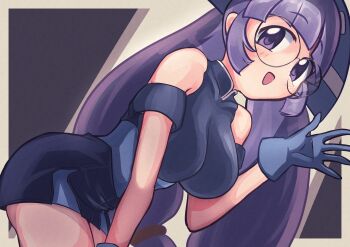 1girl breasts female_focus glasses gluko looking_at_viewer medium_breasts miniskirt mon_colle_knights open_hand open_mouth purple_eyes purple_hair rokumon_tengai_mon_colle_knight skirt tagme