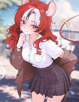1girl alternate_costume alternate_hairstyle animal_ear_fluff animal_ears black_hair black_skirt blue_eyes blurry blurry_background bow breasts brown_cardigan cardigan closed_mouth collared_shirt commentary cowboy_shot day earrings english_commentary extra_ears hakos_baelz hand_up highres hololive hololive_english jewelry leaning_forward long_hair looking_at_viewer medium_breasts miniskirt mouse_ears mouse_girl mouse_tail mr._squeaks_(hakos_baelz) multicolored_hair off_shoulder outdoors plaid_clothes plaid_skirt pleated_skirt red_hair shirt shirt_tucked_in short_sleeves sk_jynx skirt sky smile solo standing streaked_hair tail tail_bow tail_ornament virtual_youtuber white_hair white_shirt