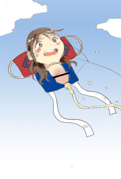 1girl borusen brown_eyes brown_hair cloud cloudy_sky dickneck kite mito_kumi open_mouth original peeing penis sky solo what